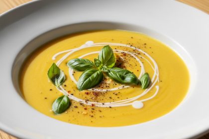 A bowl of silky smooth golden corn soup garnished with fresh basil leaves and a drizzle of cream, a fresh summer soup.