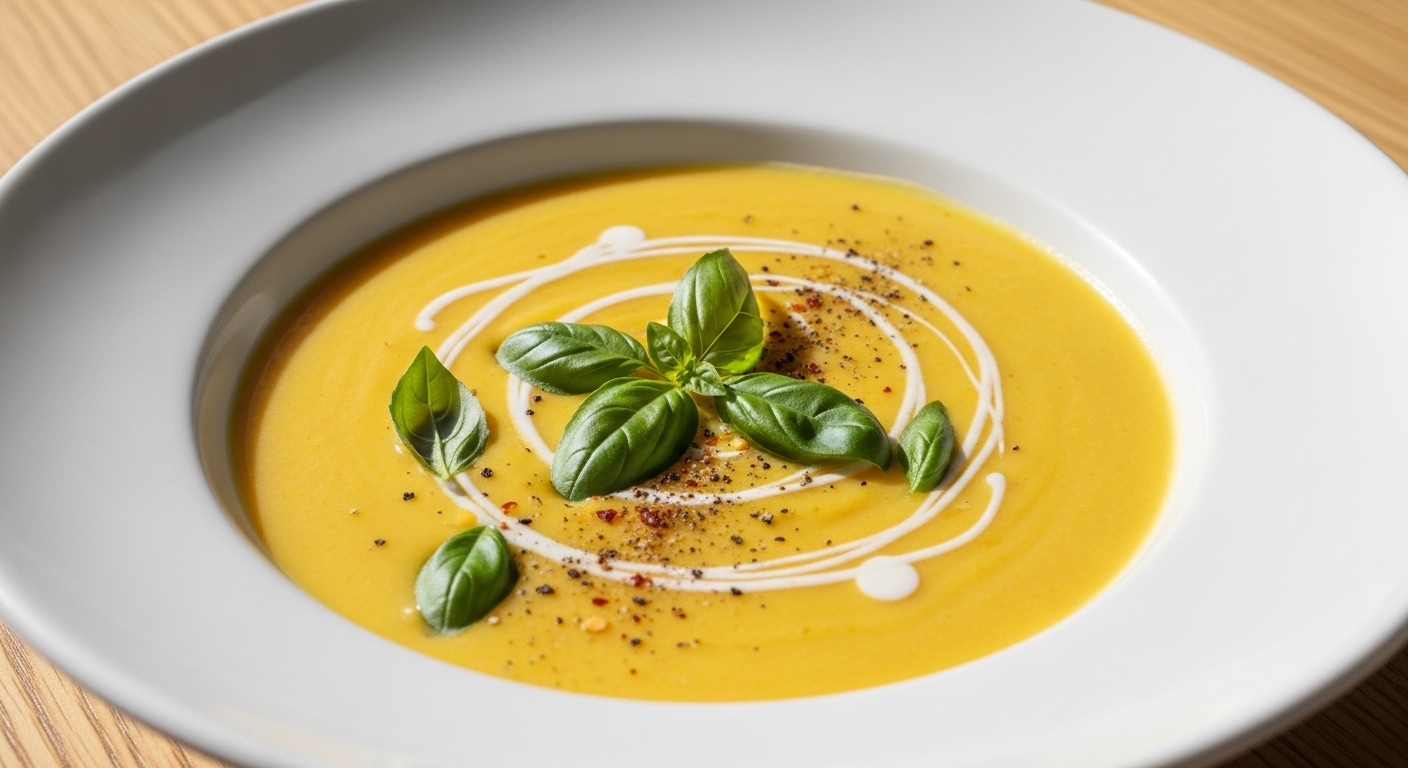 A bowl of silky smooth golden corn soup garnished with fresh basil leaves and a drizzle of cream, a fresh summer soup.