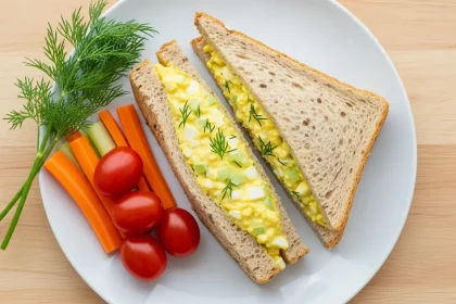 Overhead view of a creamy egg salad sandwich on whole grain bread, cut open to show filling.
