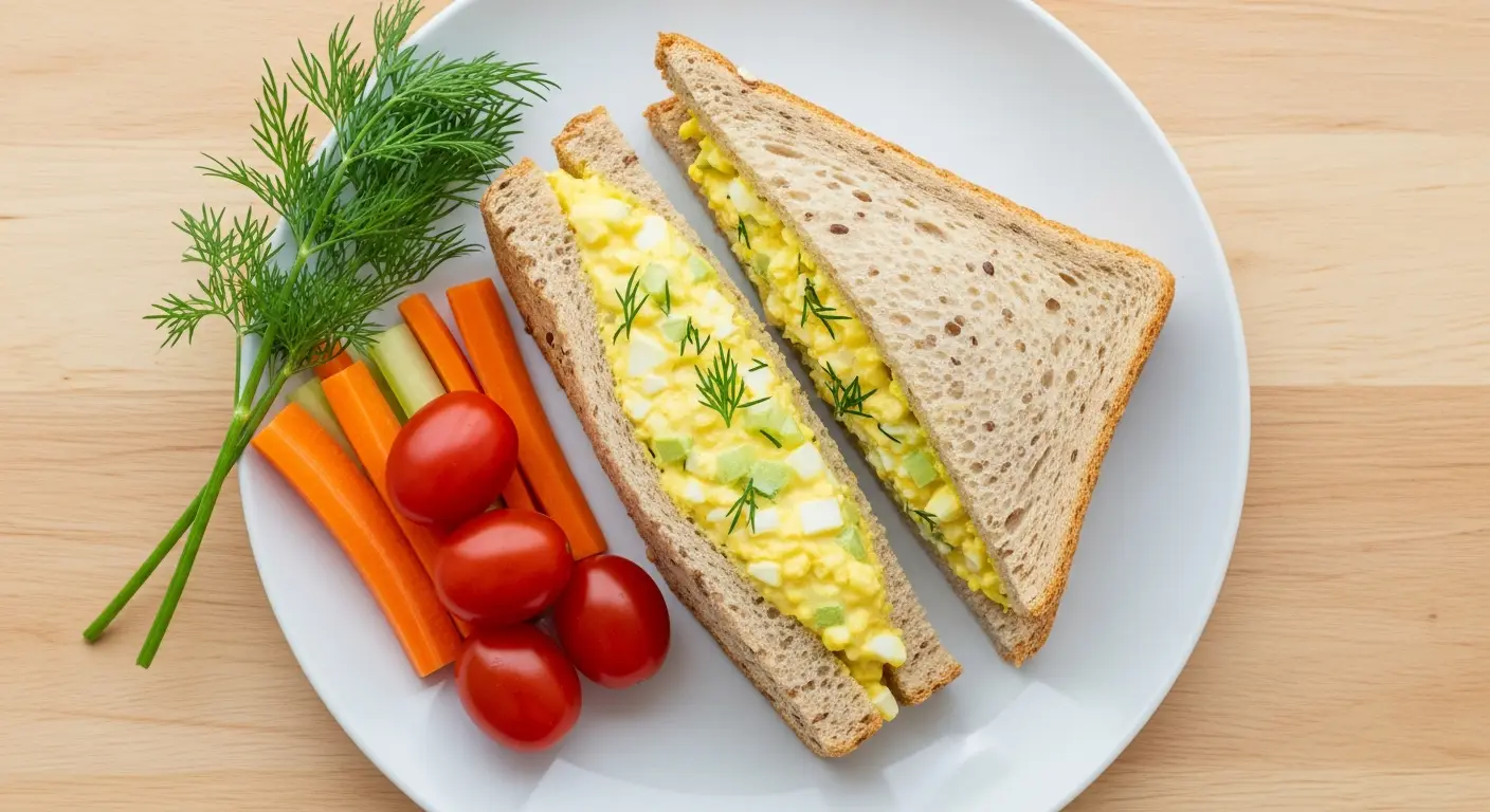 Overhead view of a creamy egg salad sandwich on whole grain bread, cut open to show filling.