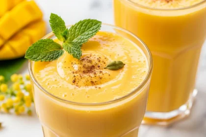 Two tall glasses of bright, creamy, and frothy mango lassi garnished with mint and cardamom.