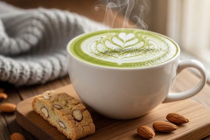 A creamy matcha green tea latte in a white ceramic mug with beautiful latte art and a sprinkle of matcha powder on top.