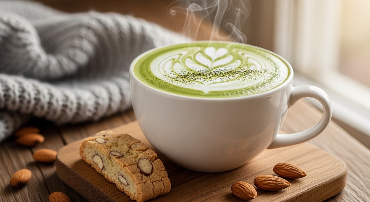 A creamy matcha green tea latte in a white ceramic mug with beautiful latte art and a sprinkle of matcha powder on top.