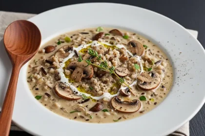 Bowl of creamy mushroom and wild rice soup with fresh herbs.