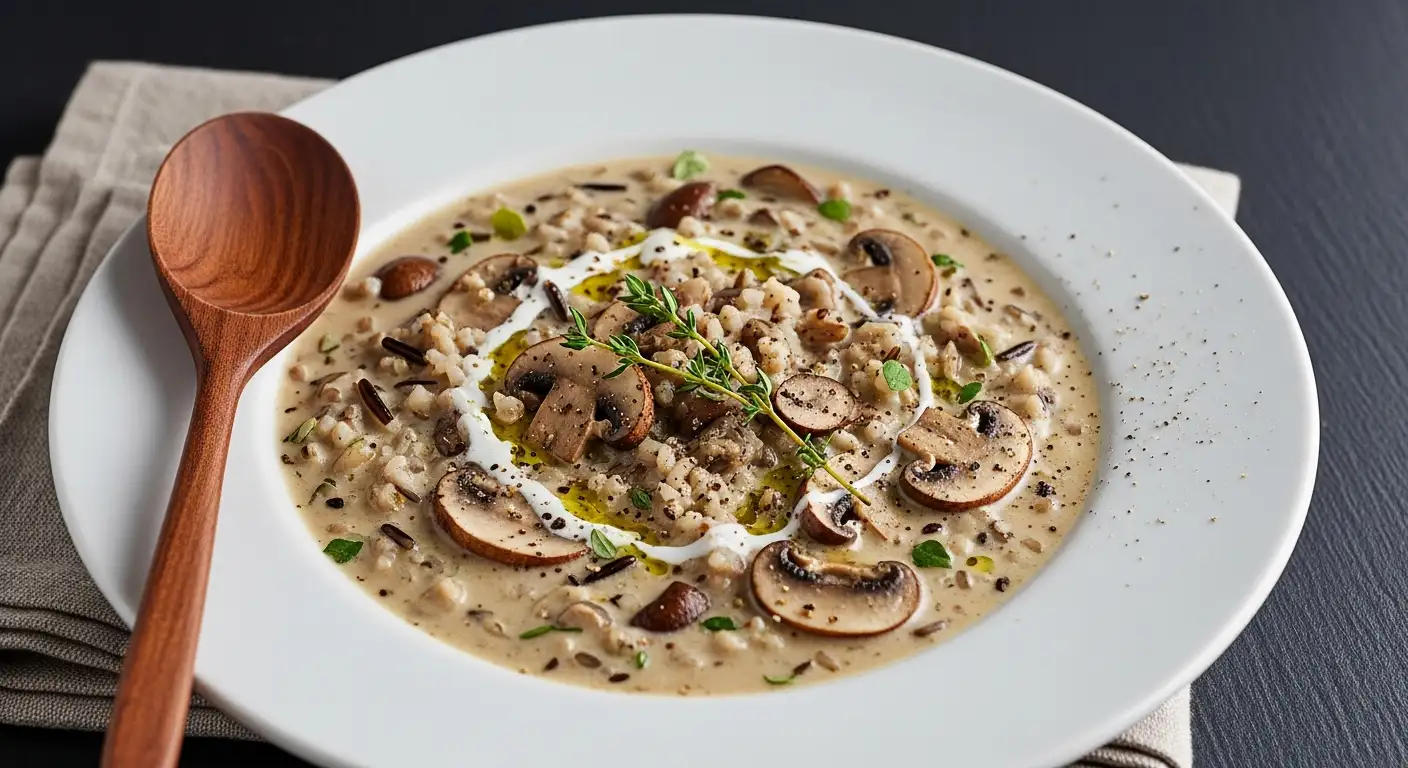 Bowl of creamy mushroom and wild rice soup with fresh herbs.