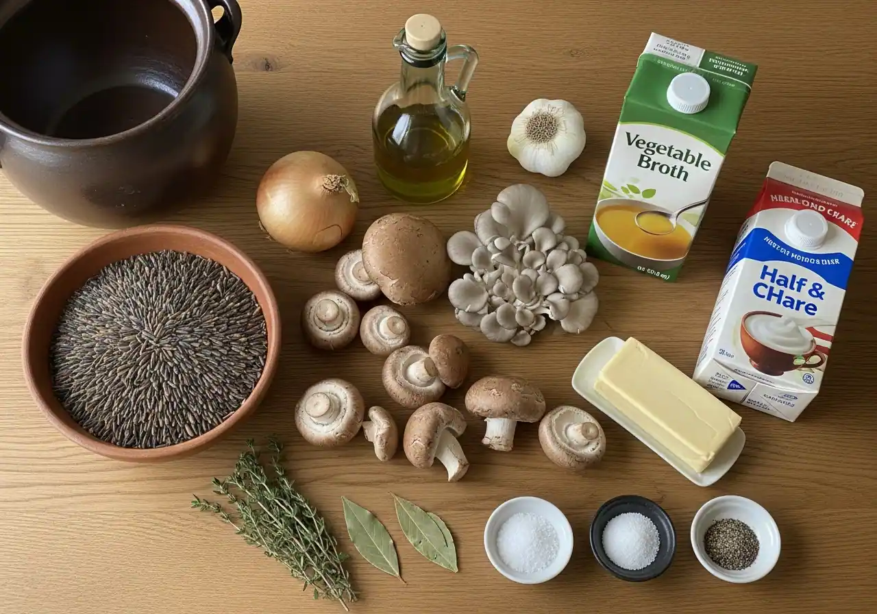 Ingredients for mushroom and wild rice soup: wild rice, mixed mushrooms, broth, and herbs.
