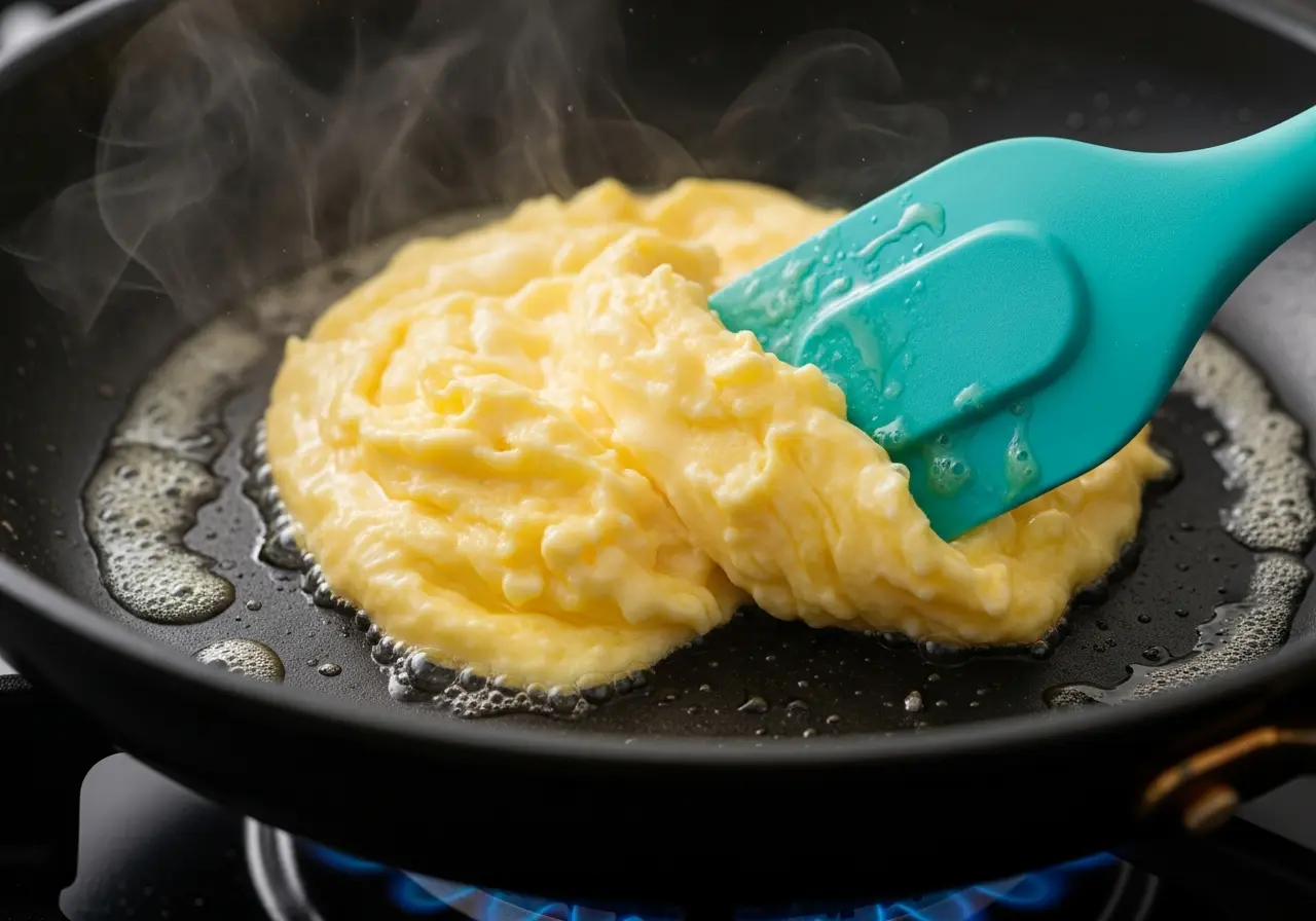 Step 4: Gently scrambling eggs in butter over low heat for a creamy texture.