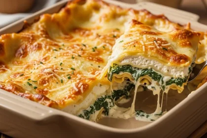 A golden-brown baked spinach and ricotta lasagna in a ceramic dish, showing creamy layers and bubbly cheese topping.