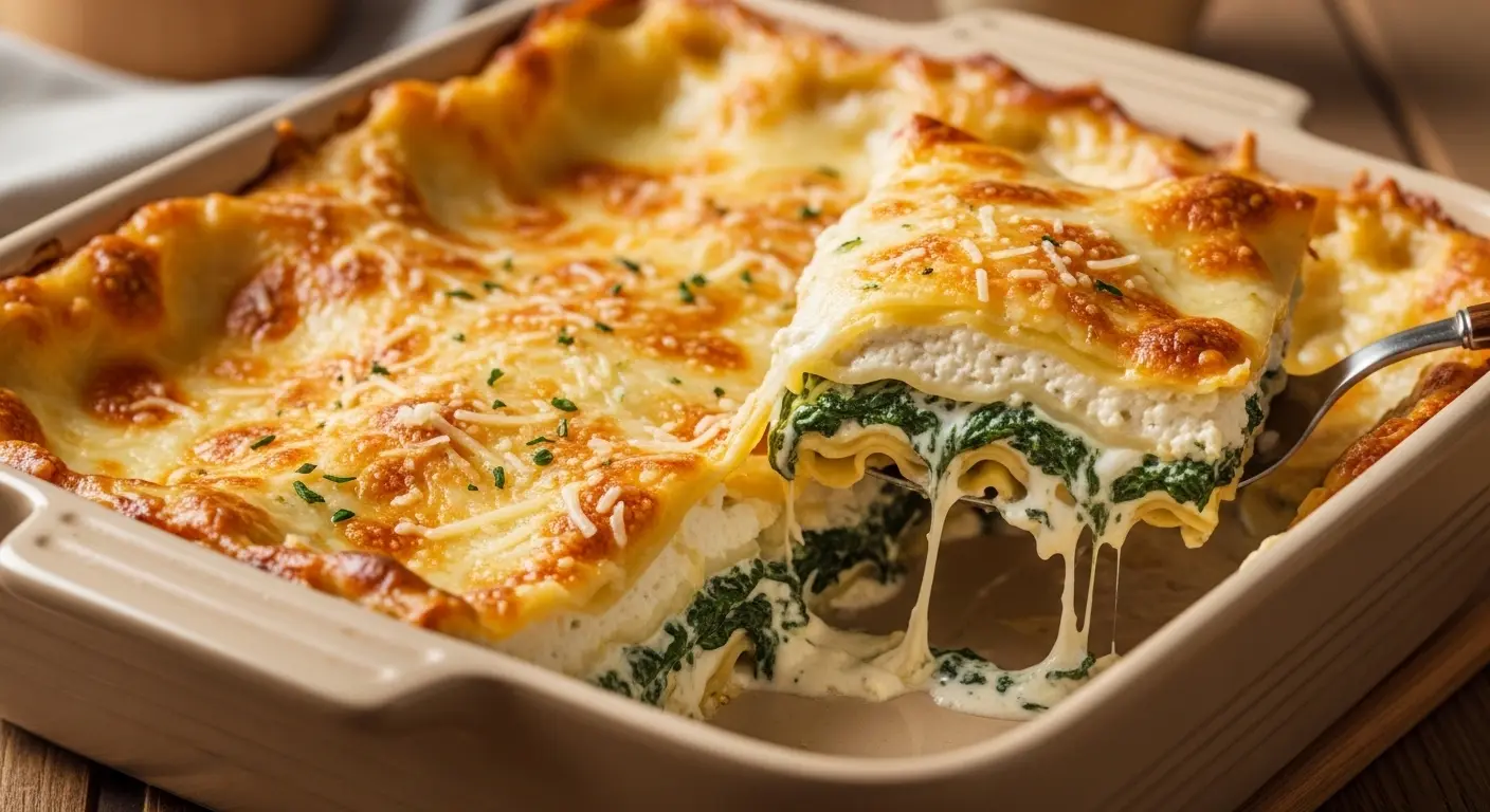 A golden-brown baked spinach and ricotta lasagna in a ceramic dish, showing creamy layers and bubbly cheese topping.