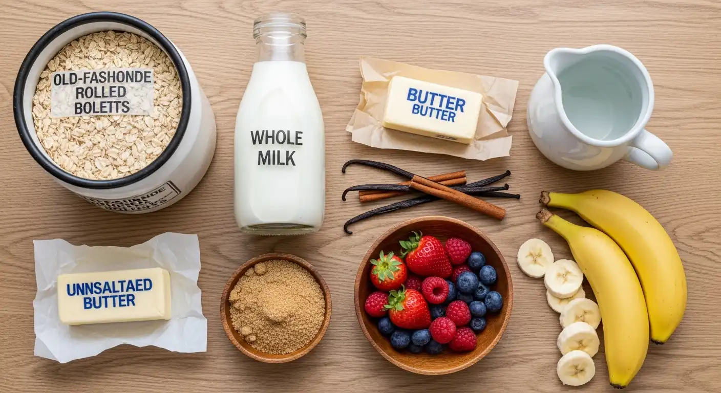 Ingredients for creamy oatmeal: rolled oats, milk, brown sugar, butter, vanilla, and fresh fruit.