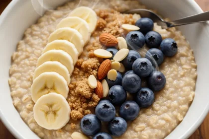 Close-up of a creamy bowl of stovetop oatmeal topped with banana, blueberries, and almonds.