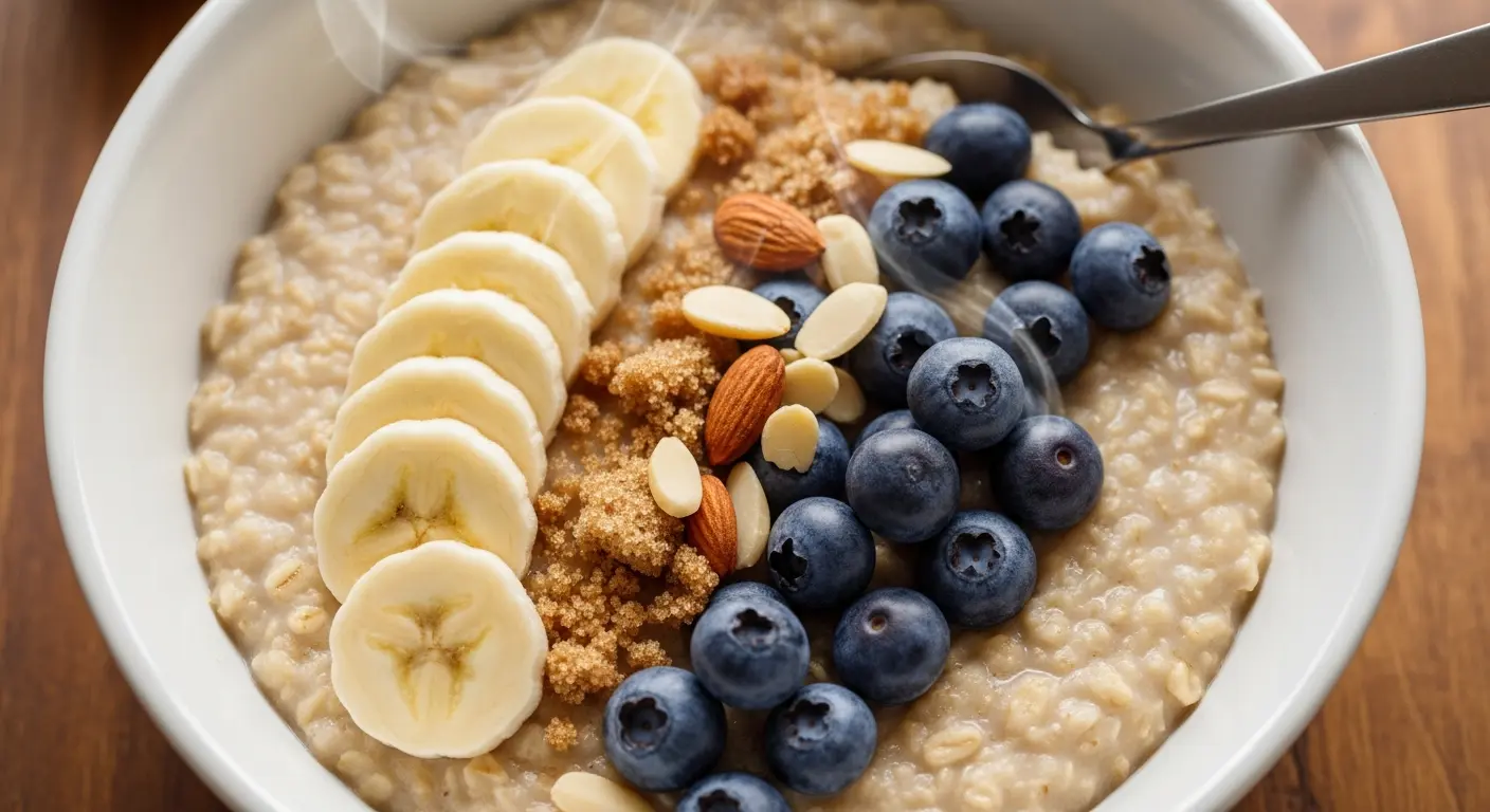 Close-up of a creamy bowl of stovetop oatmeal topped with banana, blueberries, and almonds.
