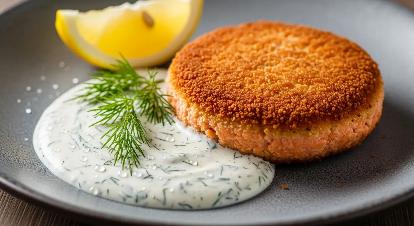 Close-up of a golden crispy salmon patty on a dark plate with creamy dill sauce, lemon, and fresh dill garnish.