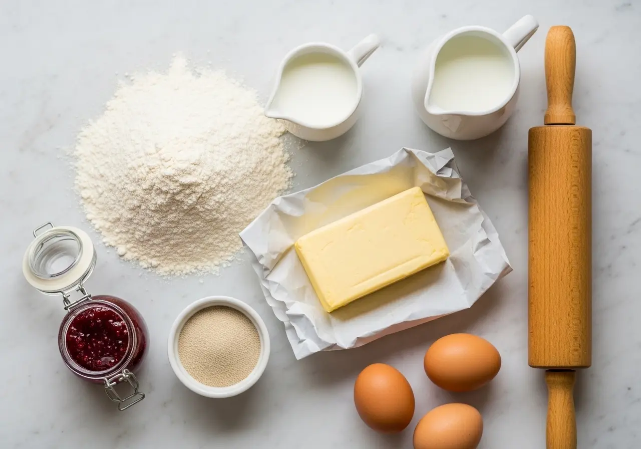  Ingredients for making croissants: all-purpose flour, butter, milk, sugar, yeast, and raspberry jam on a marble counter.