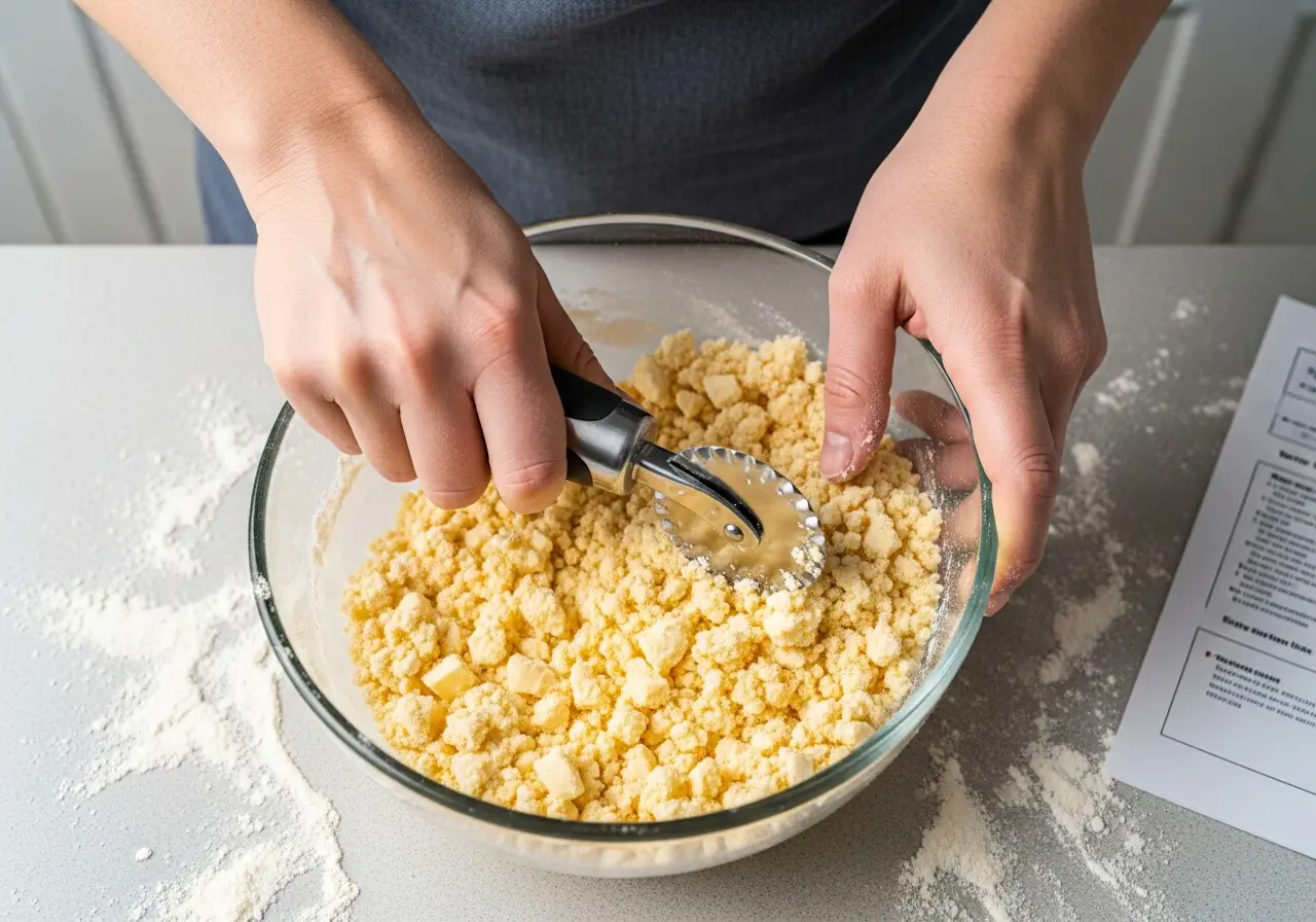 Step 3 in biscuit recipe: Close-up of hands using a pastry cutter to incorporate cold butter into flour, showing the correct crumbly texture.