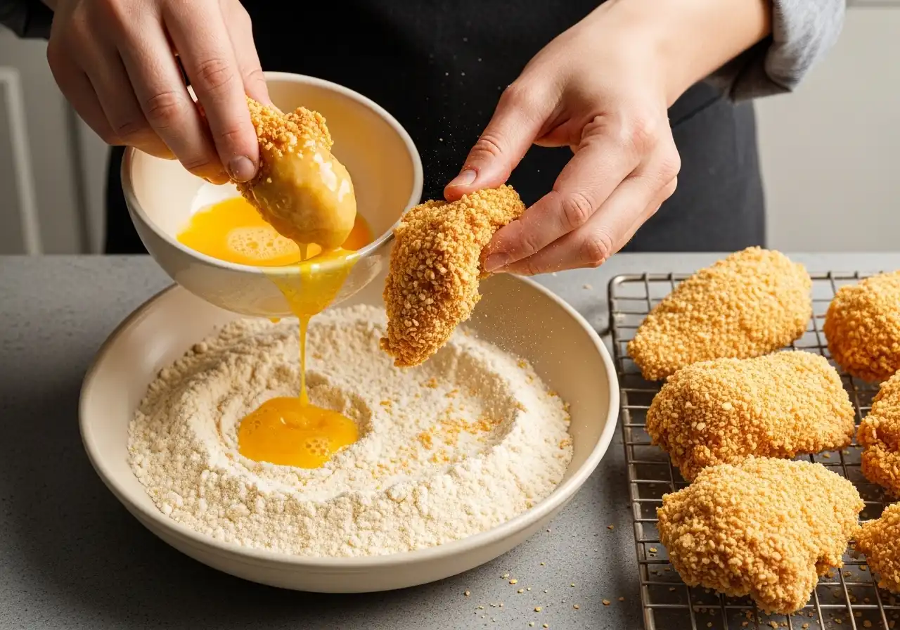 Hands coating chicken pieces in seasoned flour after dipping in egg wash for crispy honey butter chicken.