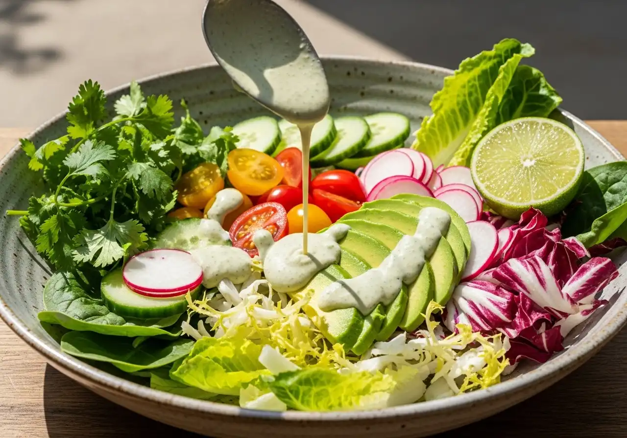 A fresh spring salad bowl with mixed greens, veggies, and creamy cilantro lime tahini dressing drizzled on top.