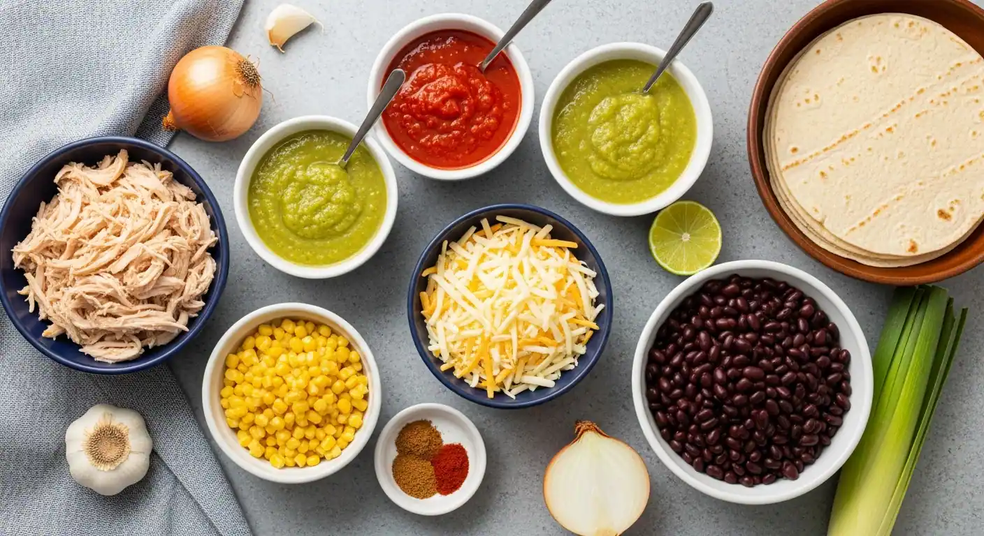 Ingredients for enchilada casserole on a counter: chicken, tortillas, beans, cheese, and sauce.