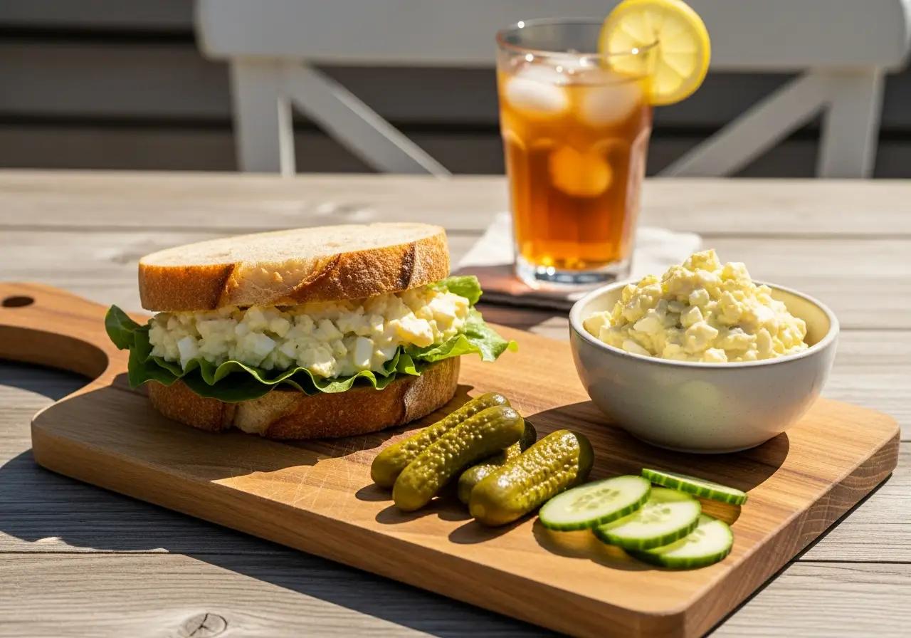 A whole egg salad sandwich served on a lunch platter with pickles, cucumbers, and iced tea.