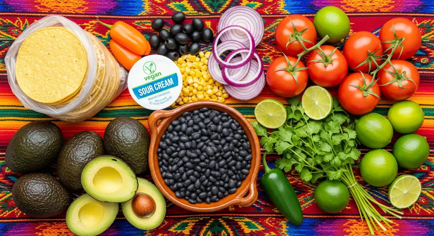 Fresh ingredients for vegan tostadas: avocados, tomatoes, beans, corn, and cilantro.