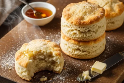Freshly baked stack of fluffy buttermilk biscuits with a torn open one showing soft, flaky layers, next to honey and butter on a wooden board.