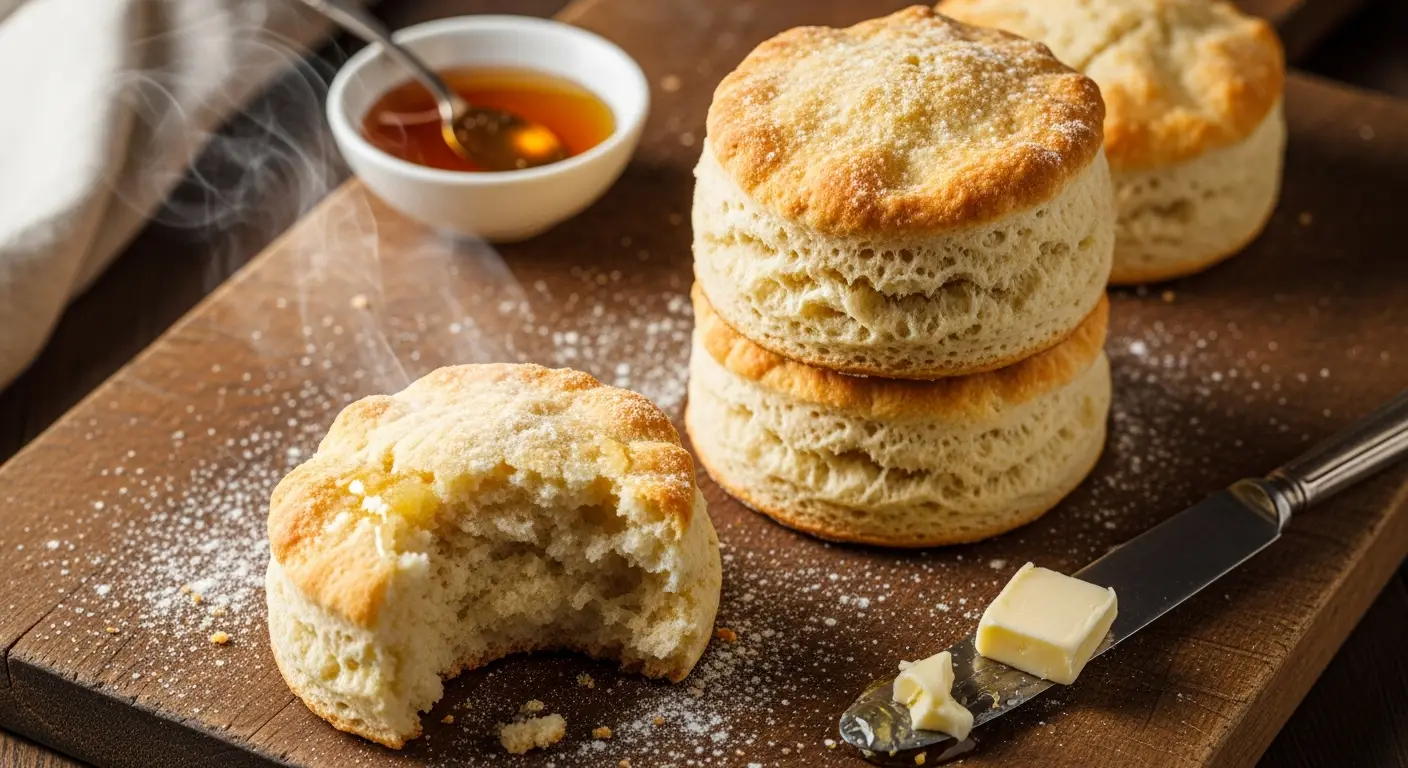 Freshly baked stack of fluffy buttermilk biscuits with a torn open one showing soft, flaky layers, next to honey and butter on a wooden board.