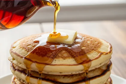 A tall stack of golden buttermilk pancakes with melting butter and maple syrup being poured.