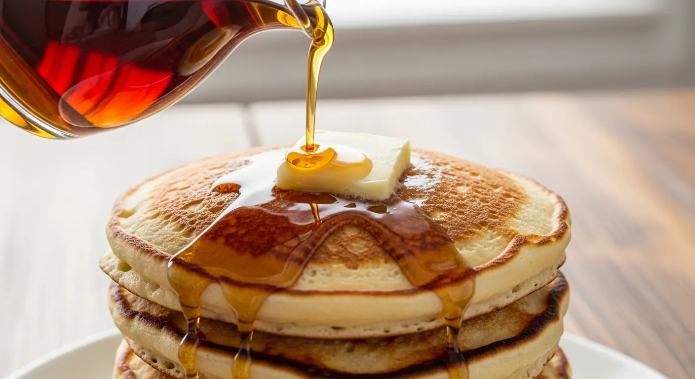 A tall stack of golden buttermilk pancakes with melting butter and maple syrup being poured.