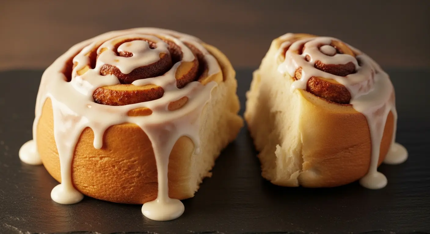 Close-up of a warm, fluffy cinnamon roll with melting cream cheese icing, pulled apart to show soft interior.