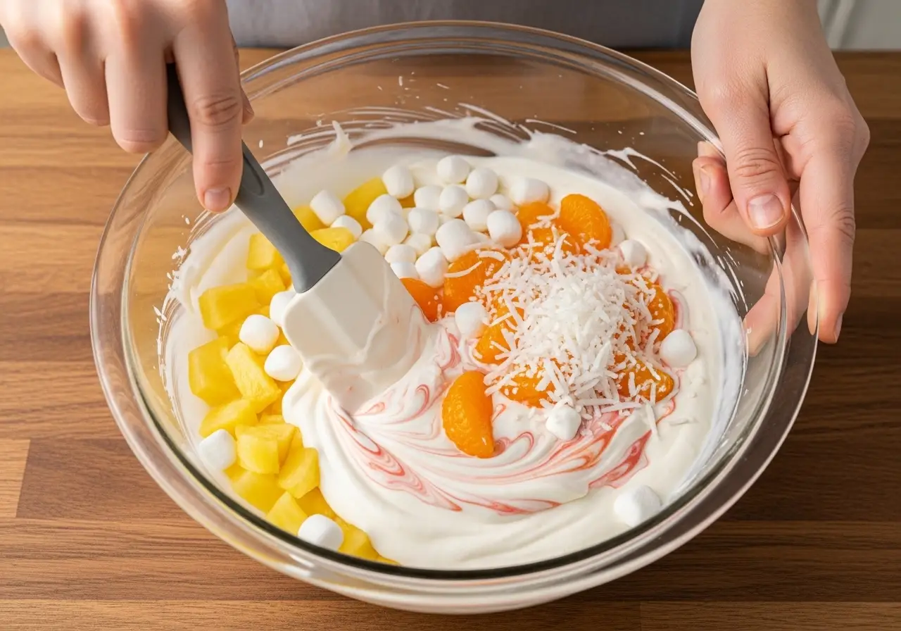 Hands gently folding pineapple, oranges, marshmallows, and coconut into a creamy dressing in a large glass bowl.