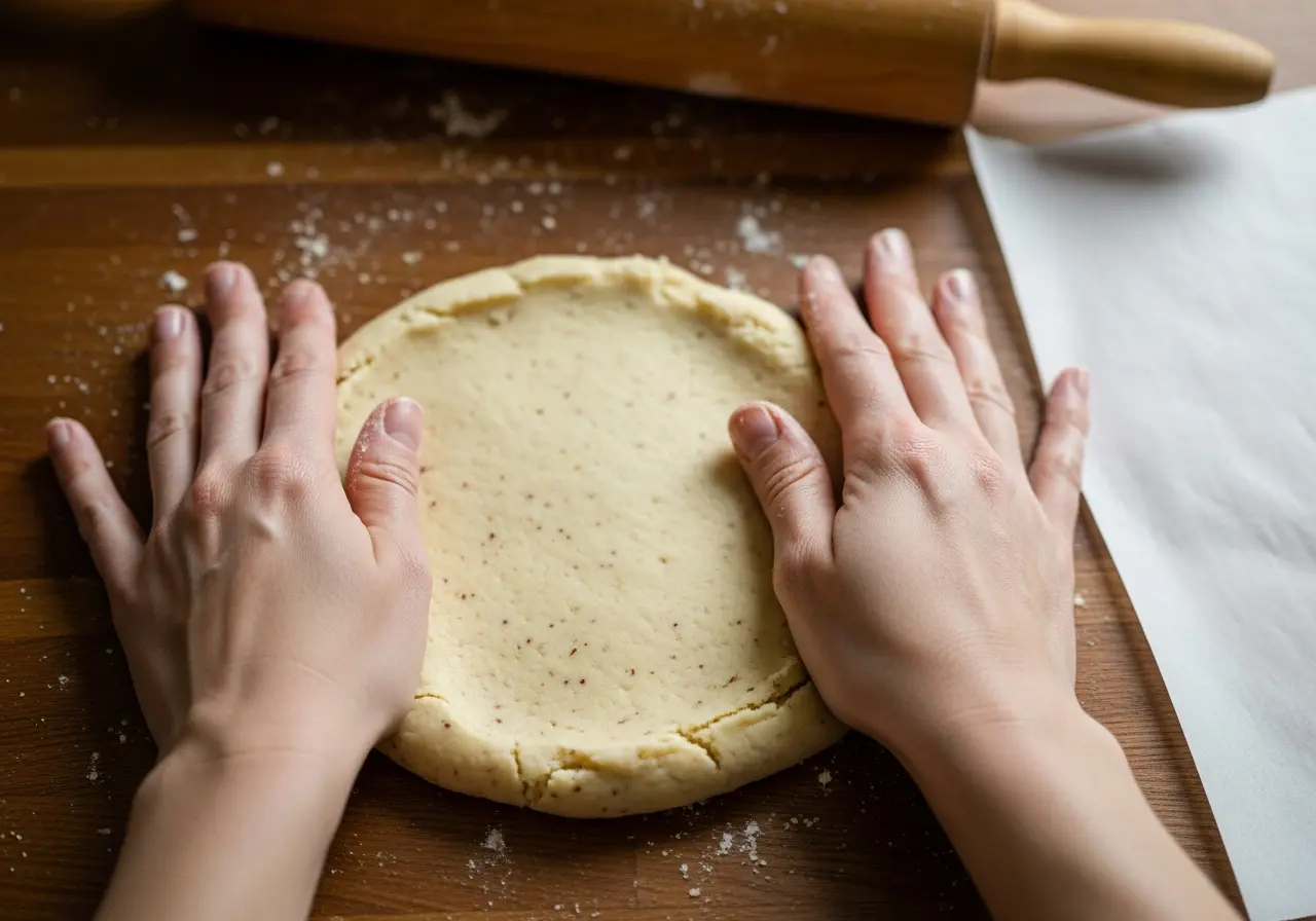 Hands shaping keto shortbread cookie dough into a disc before chilling.