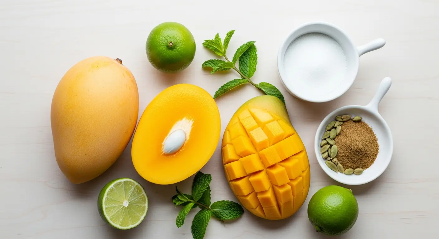 Fresh ingredients for mango sorbet: ripe mangoes, limes, sugar, mint, and cardamom.