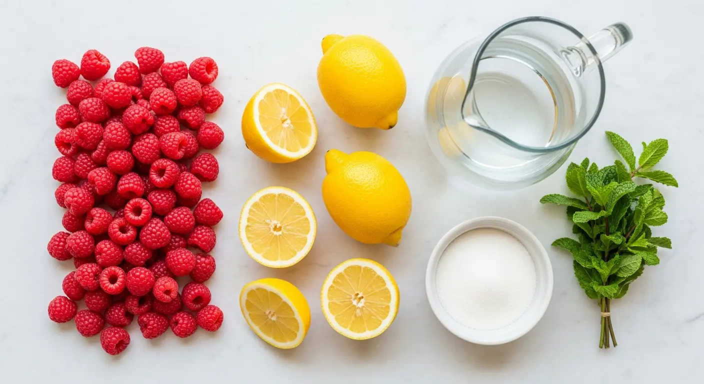 Fresh ingredients for raspberry lemonade: raspberries, lemons, sugar, mint, and water. 