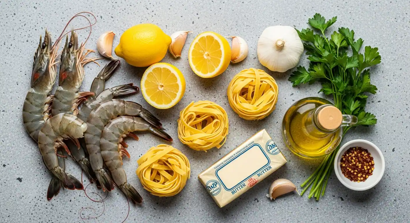 Fresh ingredients for shrimp scampi: shrimp, angel hair pasta, lemon, garlic, and parsley.