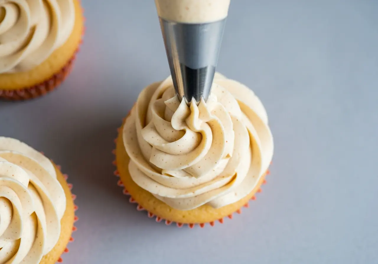 Piping cream cheese cinnamon frosting onto a snickerdoodle cupcake.