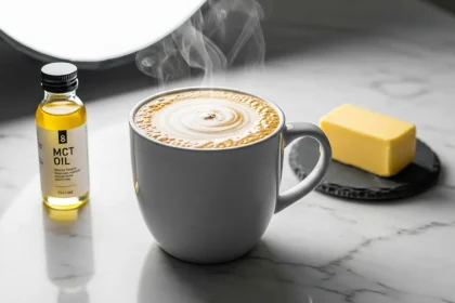 Steaming mug of creamy Bulletproof Coffee with frothy top, shown with MCT oil and butter.