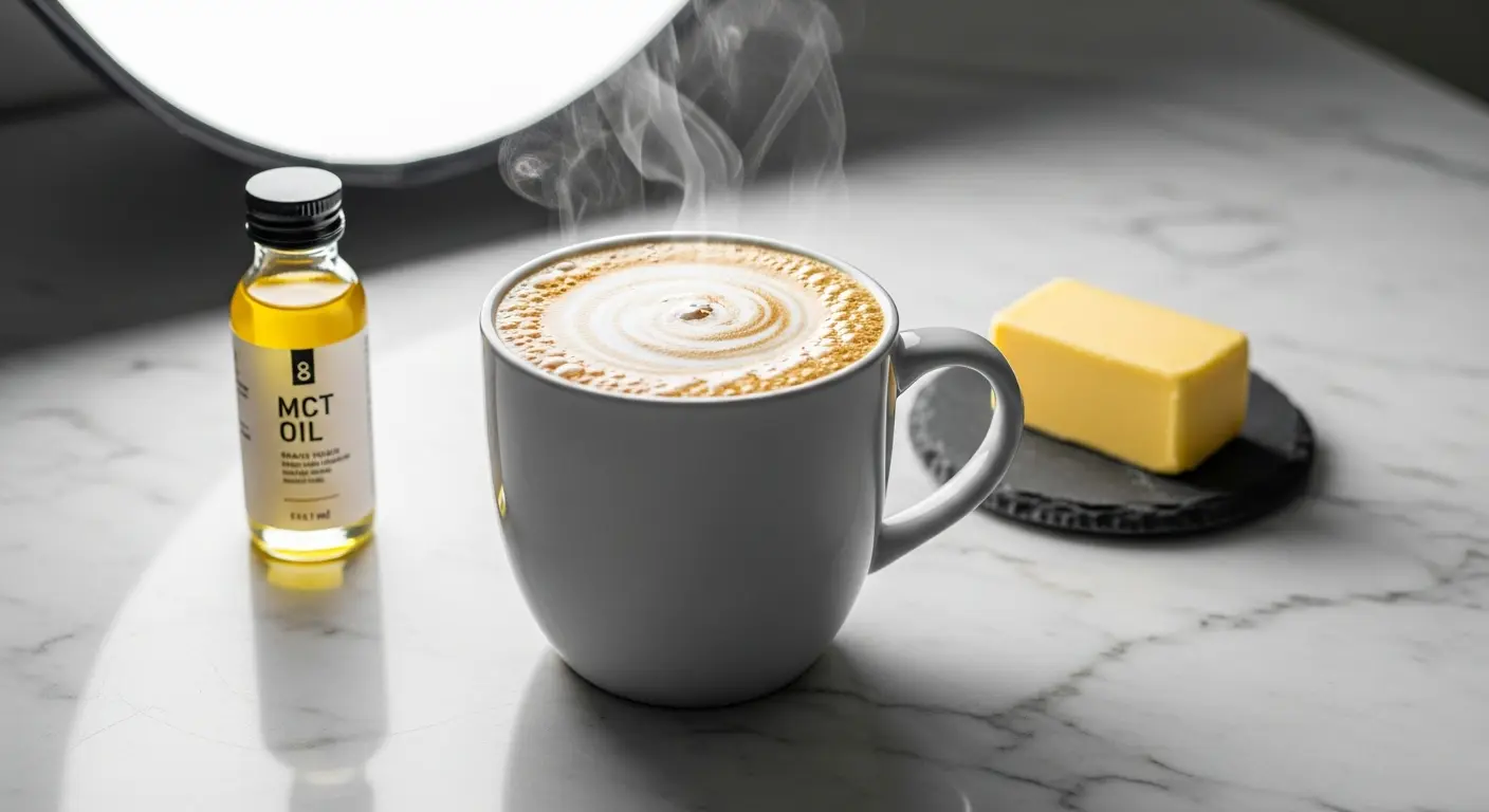 Steaming mug of creamy Bulletproof Coffee with frothy top, shown with MCT oil and butter.