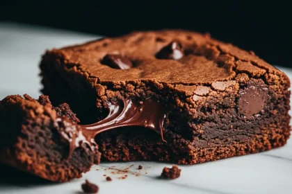 Extreme close-up of a fudgy, cracked-top vegan brownie made with almond flour, showing its moist interior.