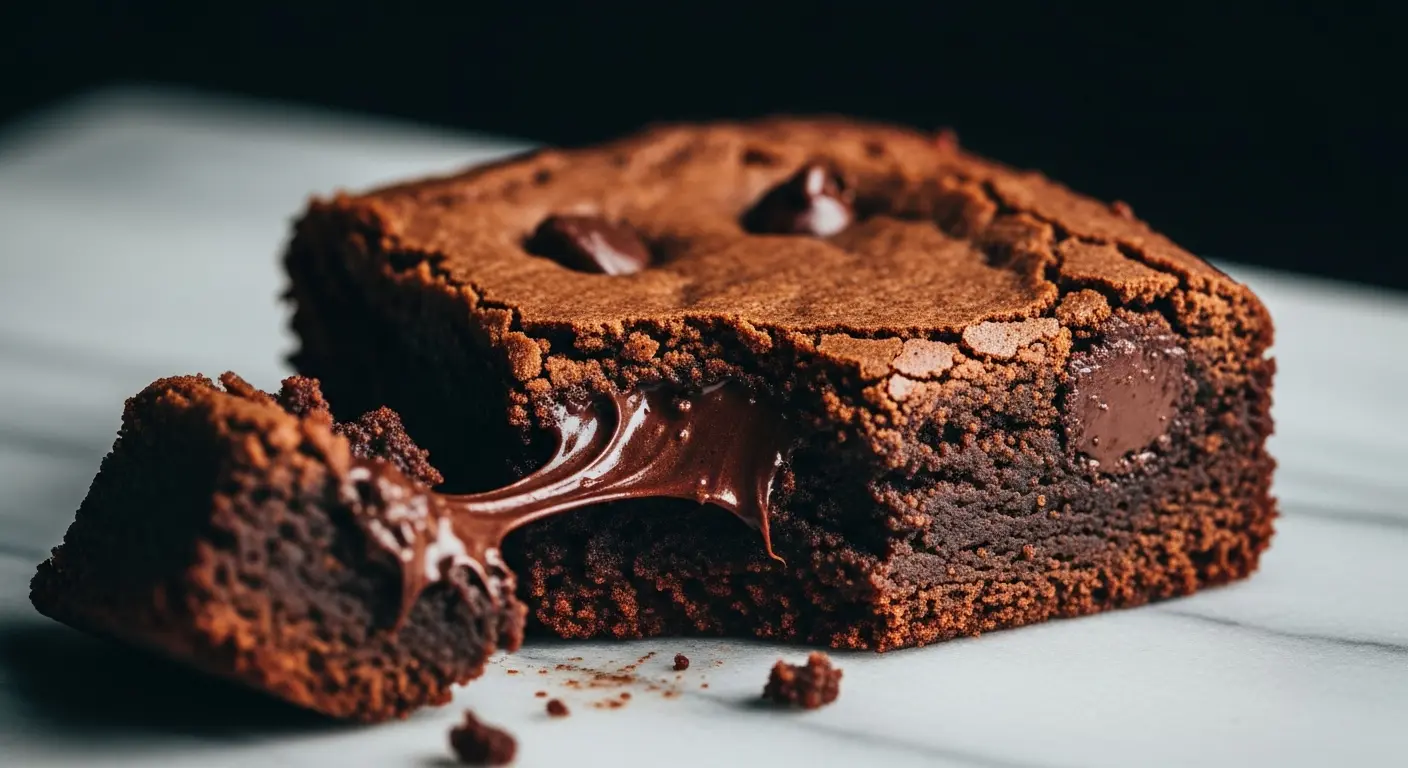 Extreme close-up of a fudgy, cracked-top vegan brownie made with almond flour, showing its moist interior.