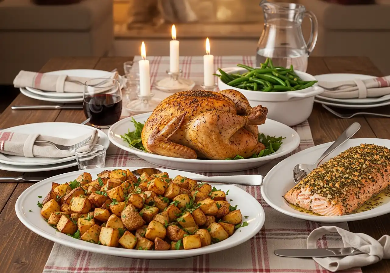Platter of crispy roasted potatoes with garlic and herbs served alongside a roast chicken for a complete dinner.