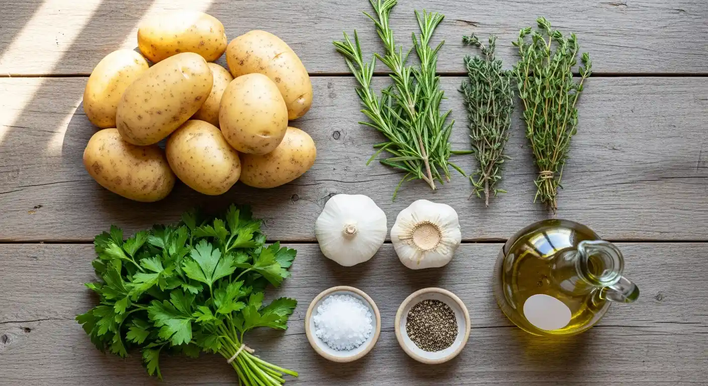 Ingredients for roasted potatoes: fresh potatoes, garlic, rosemary, thyme, parsley, olive oil, salt, and pepper.