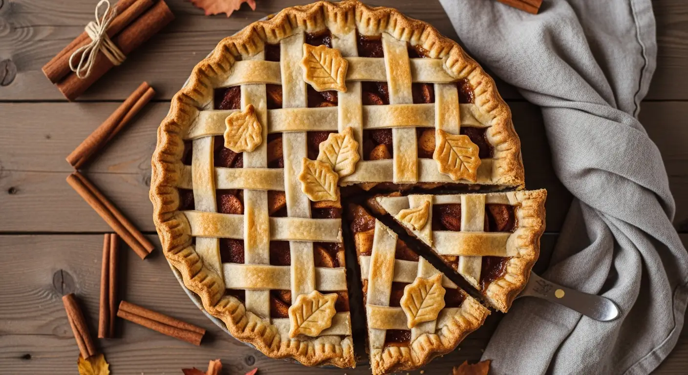 Golden brown apple pie with a flaky cinnamon crust, a slice lifted to show spiced apple filling.