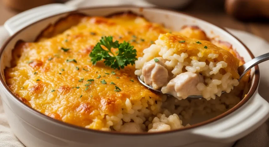 Golden brown and bubbly chicken rice casserole in a dish, showing creamy interior with tender chicken, rice, and melted cheese.
