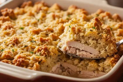 Close-up of a golden-brown turkey and stuffing casserole with melted cheese and herbs.
