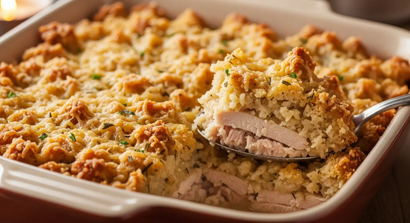 Close-up of a golden-brown turkey and stuffing casserole with melted cheese and herbs.