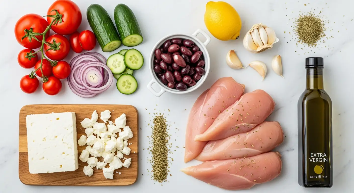 Fresh ingredients for a Greek salad with chicken: tomatoes, cucumber, olives, feta, chicken, and herbs.