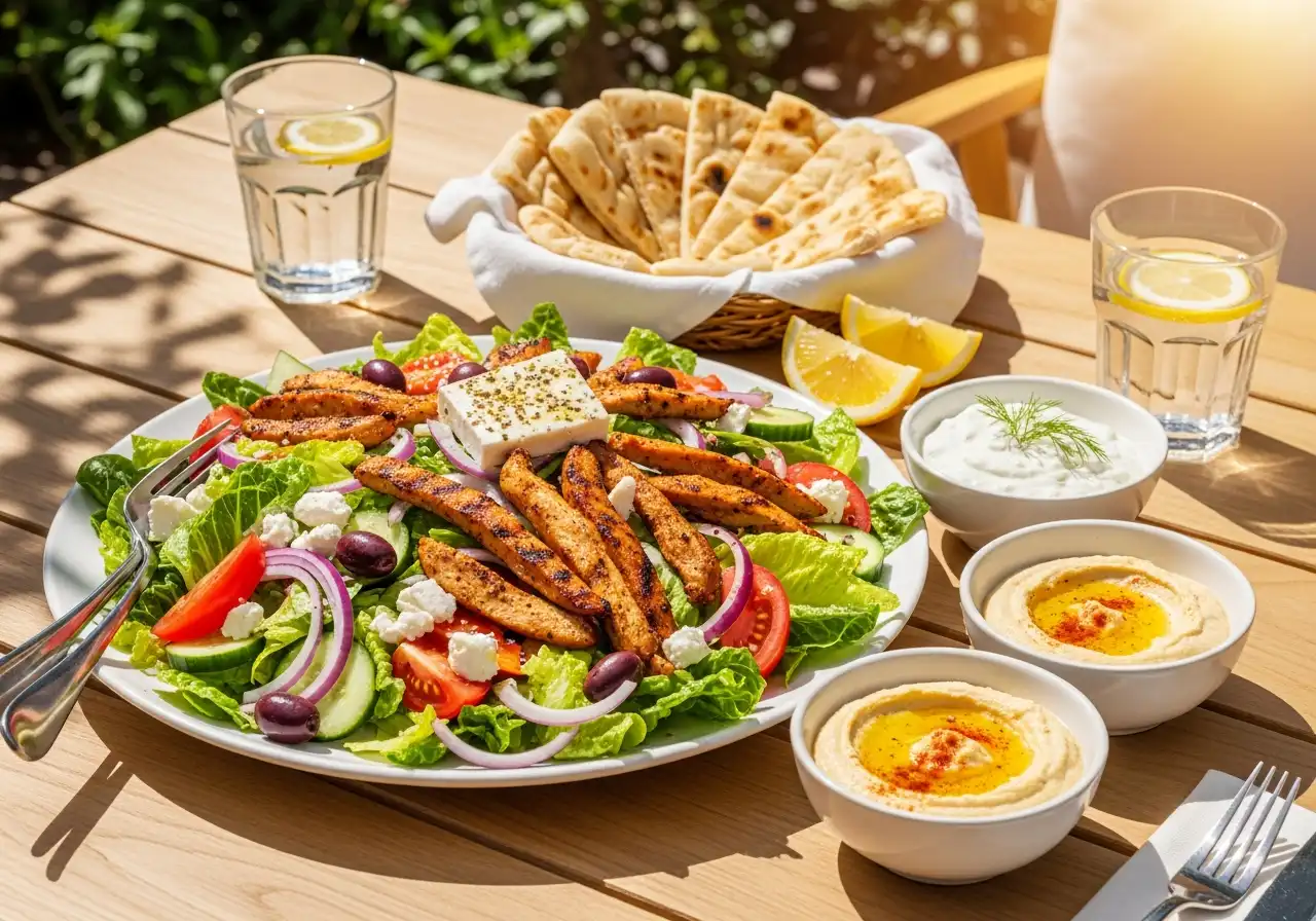 Large platter of Greek salad with grilled chicken, served for lunch with pita bread and dips.