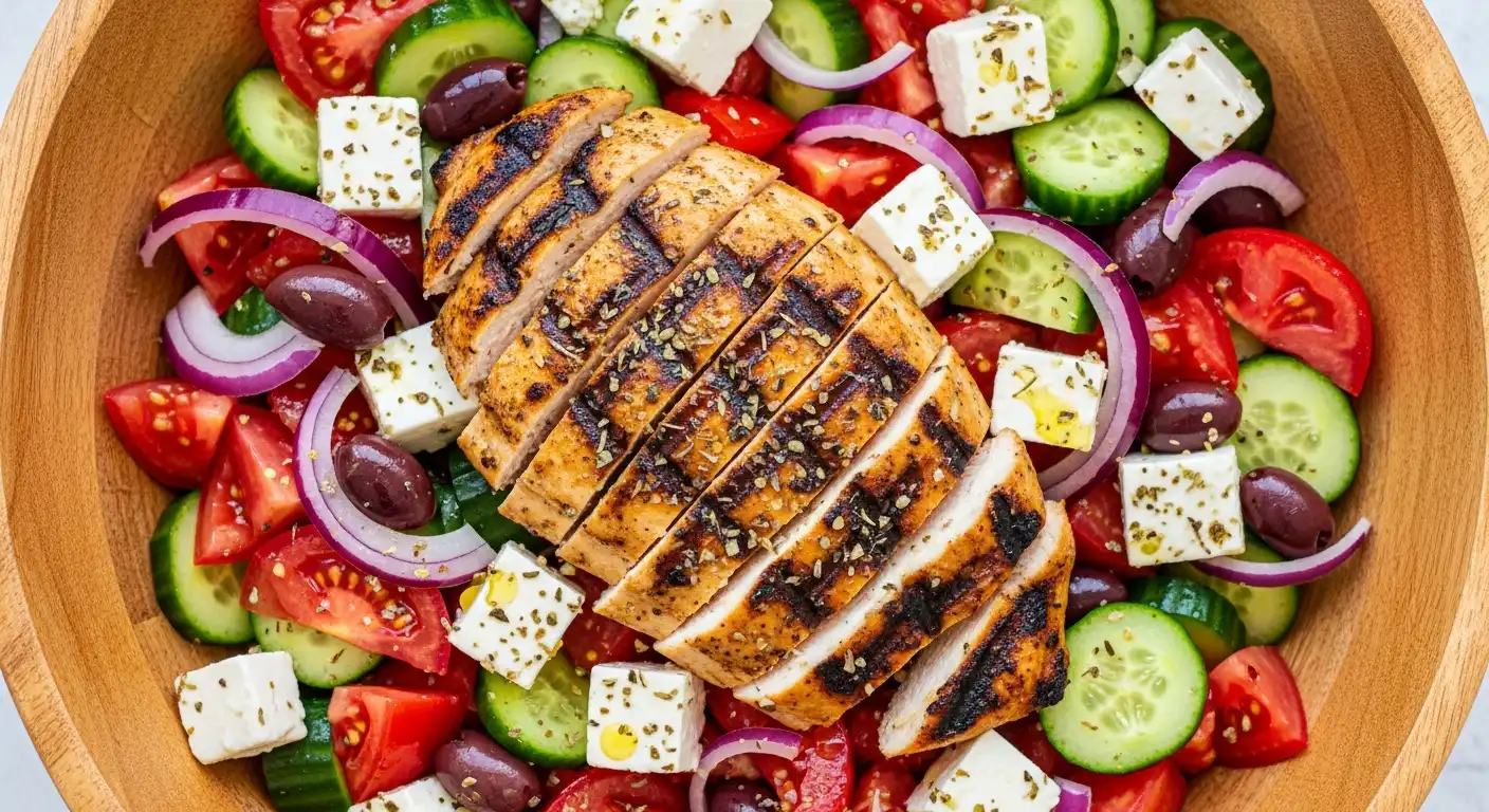 Overhead shot of a vibrant Greek salad bowl with fresh vegetables, feta, and grilled chicken on top.