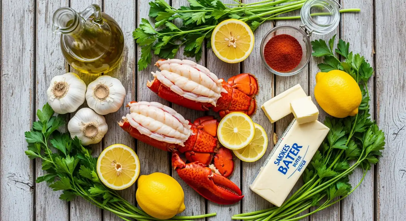 Ingredients for grilled lobster tails: lobster, butter, garlic, lemons, parsley, and spices.