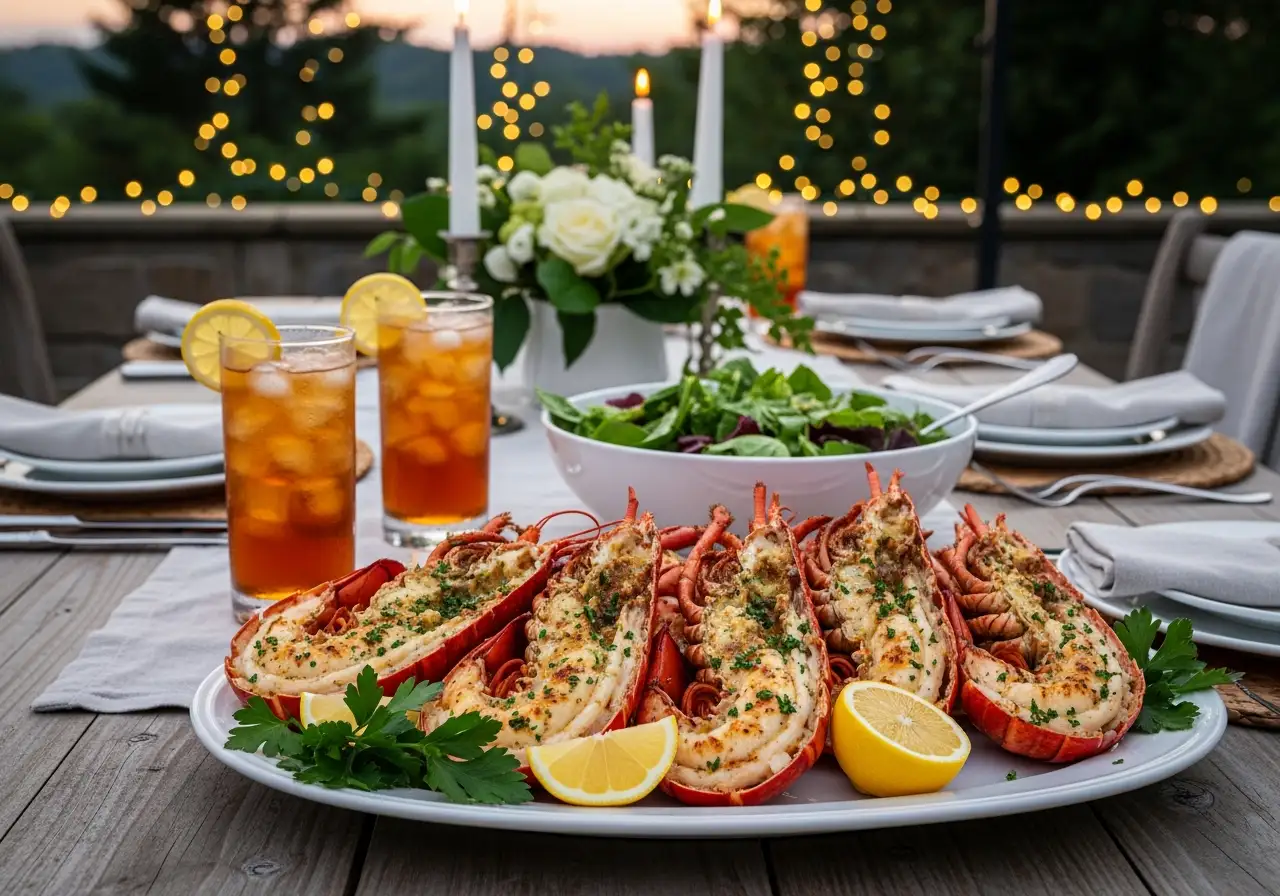 Platter of grilled lobster tails with garlic butter served for a summer patio dinner party.